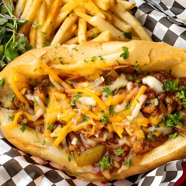 A Po' Shines Cafe De La Soul cheesesteak with fries and greens in a checkered basket.