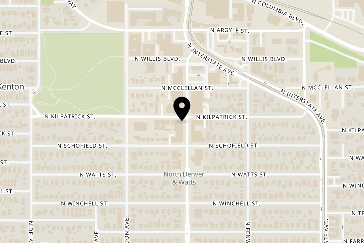 Map showing the location of Po' Shines Cafe De La Soul on 8139 N Denver Ave in Portland